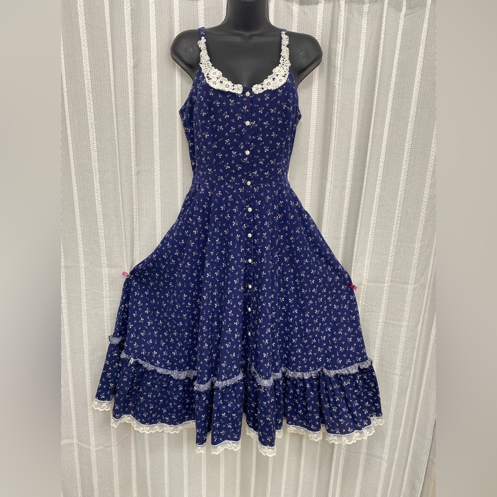 Gunne Sax Midnight Blue Floral with Lace Trim Dress Size S - Vintage EUC RARE - Picture 2 of 16